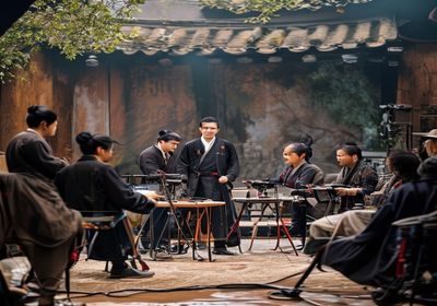 亚洲国产影视剧组拍摄现场，导演与演员在户外古风场景中工作