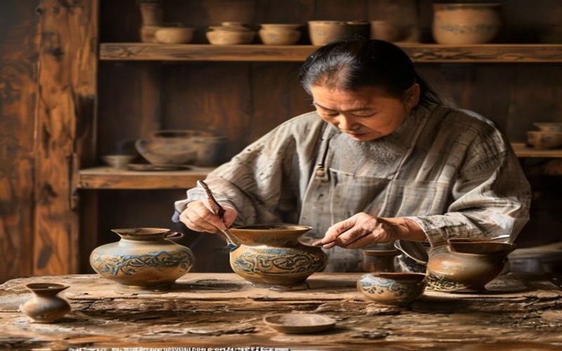 工匠在传统工坊内专注打磨陶瓷茶器，温暖木质背景烘托亚洲国产非遗手工之美